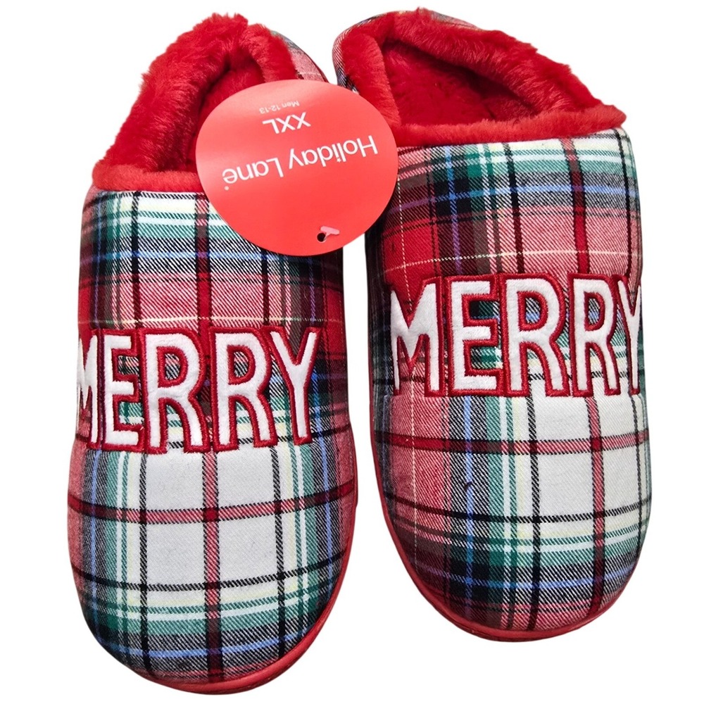 Holiday Lane Mens Merry Plaid Slippers Red Green Tartan Faux Fur XXL 12-13 NEW
